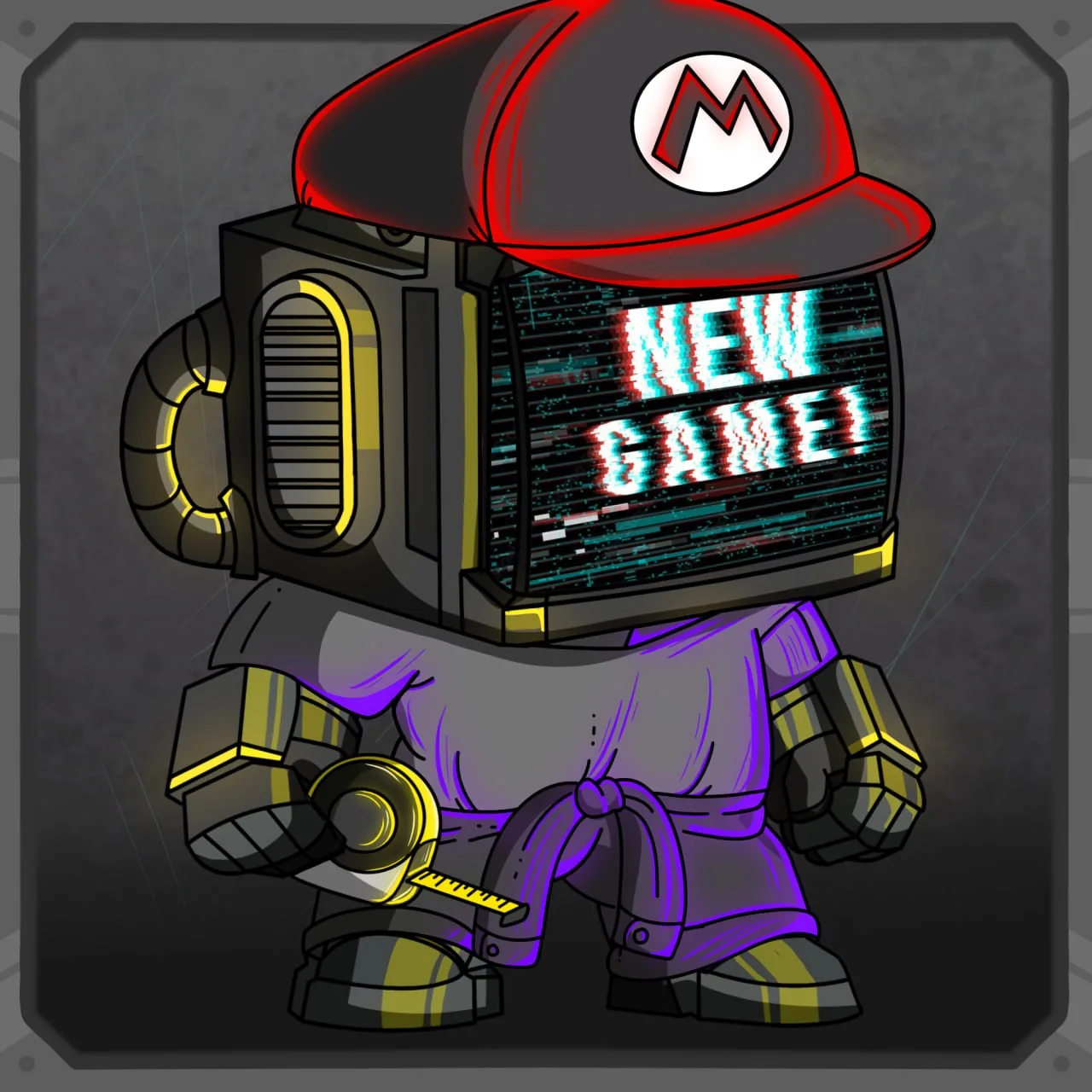 Nobot with red Mario cap and NEW GAME! glitch screen
