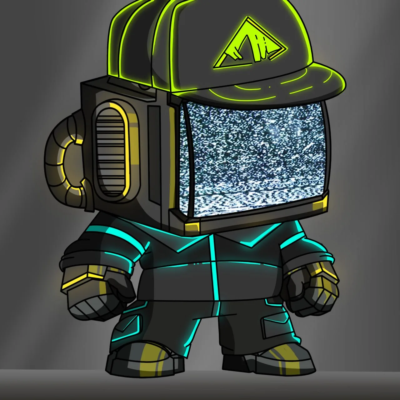 Nobot with neon-green cap, TV static face and cyan suit