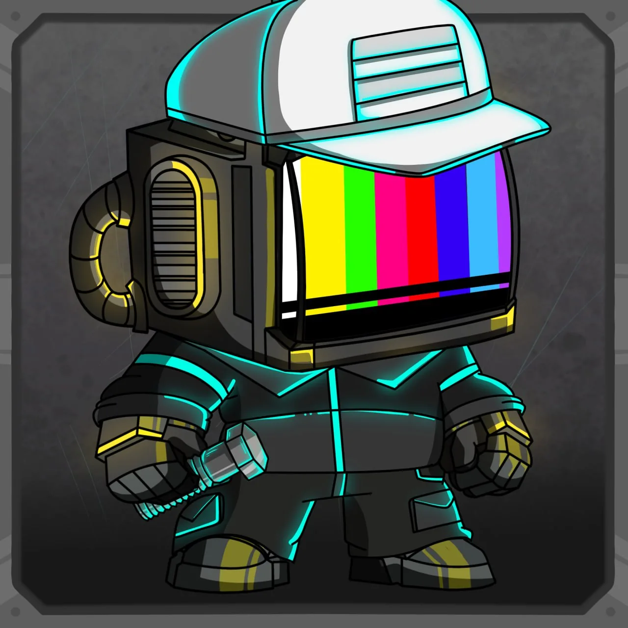 Nobot with white cap and color-bars test-pattern screen