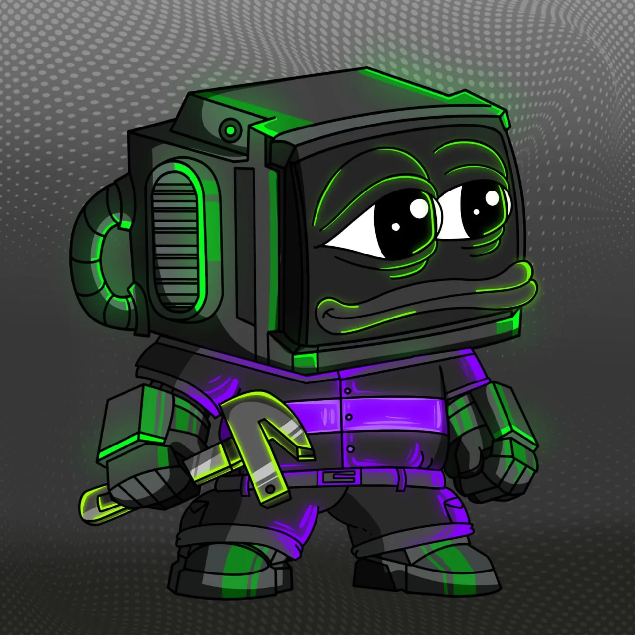 Green Pepe-faced Nobot in purple shirt holding a wrench