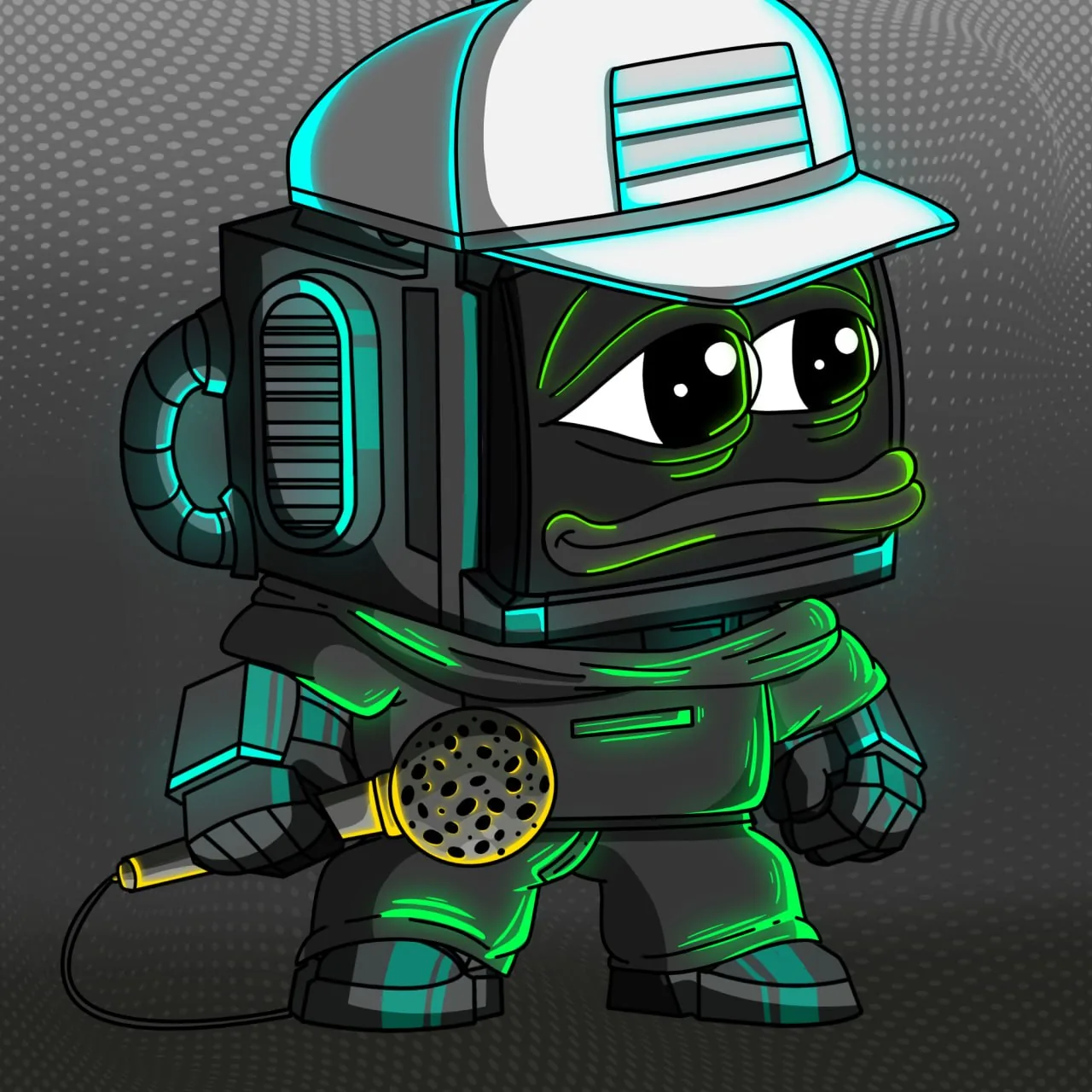 Cyan Pepe-faced Nobot with white cap holding a microphone