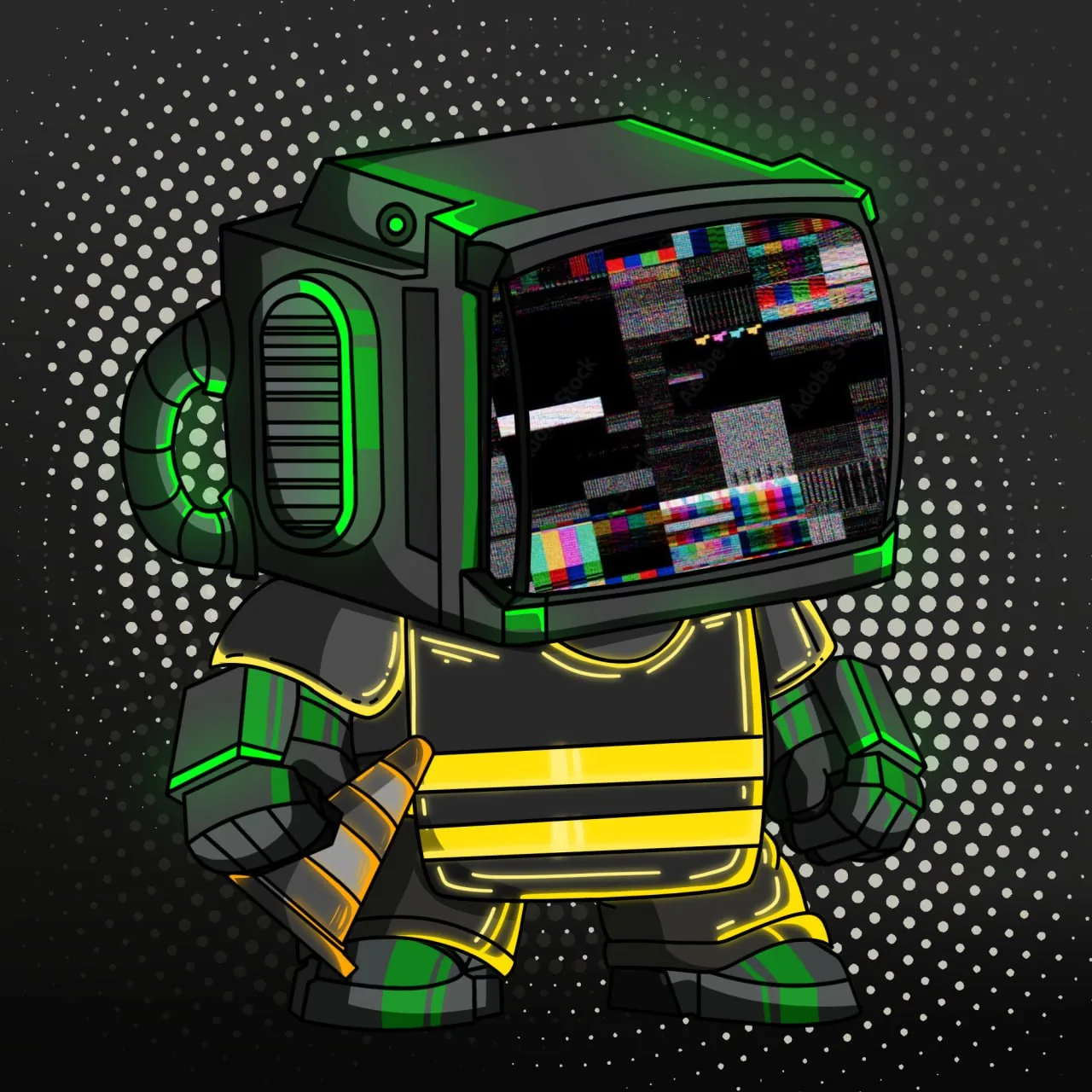 Nobot in hi-vis vest with glitch-color screen and traffic cone