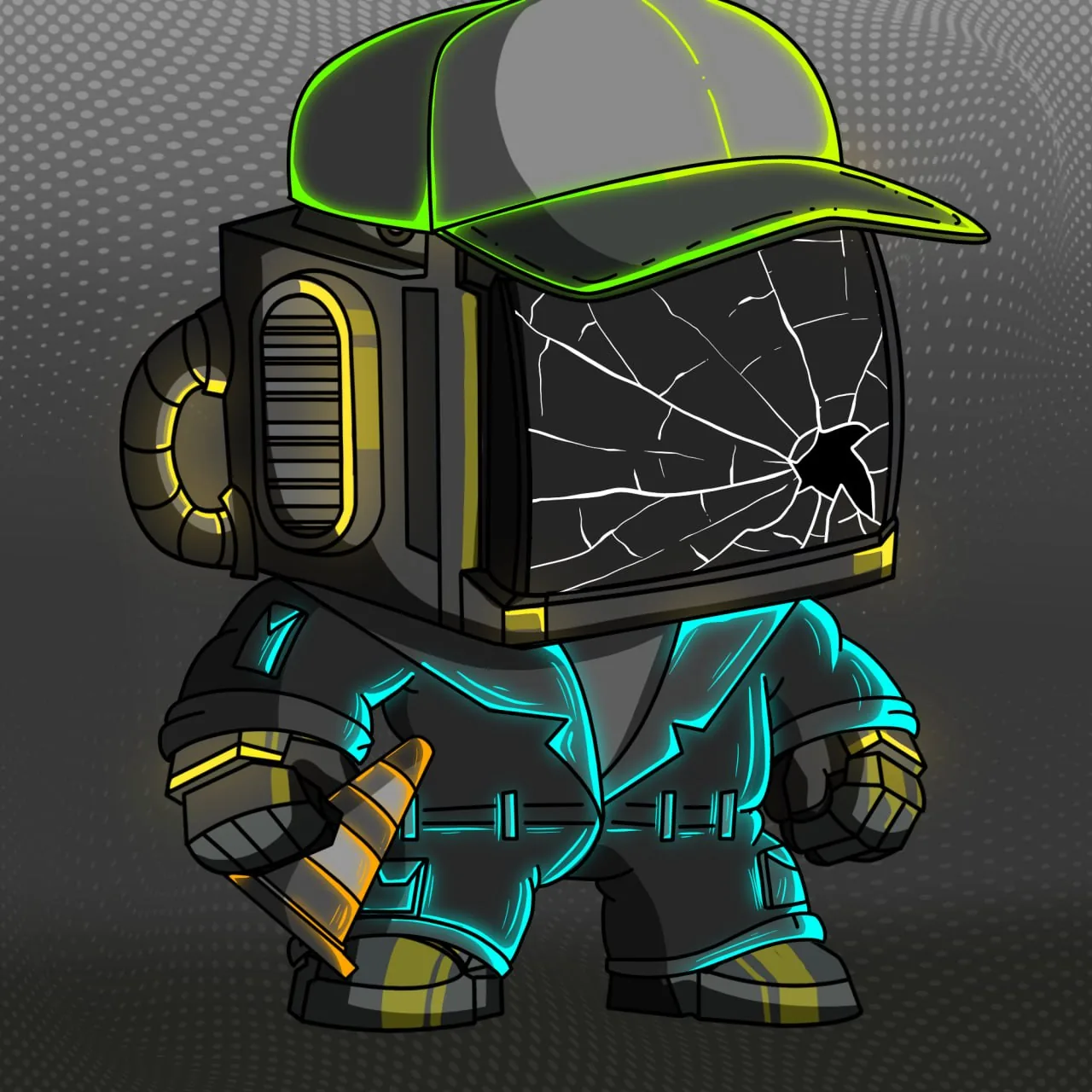 Nobot with green cap, cracked screen and cyan trench coat