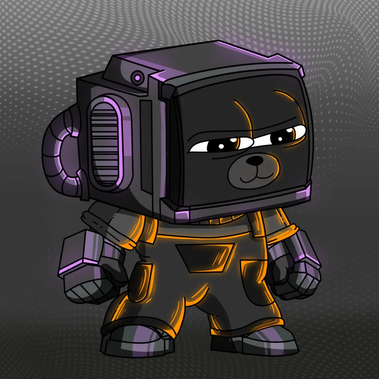 Bobo-bear-faced Nobot in orange overalls, purple glow